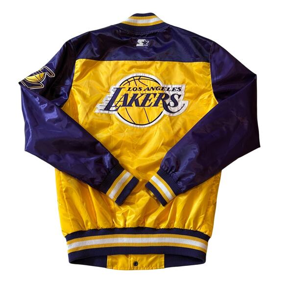 Starter LA Los Angeles Lakers Bomber Jacket Mens Size Small Yellow Satin Snap - Picture 2 of 14